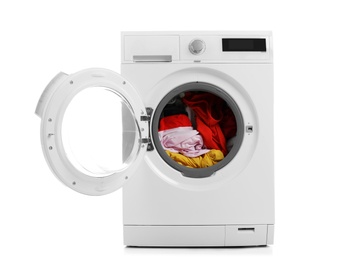 Photo of Modern washing machine with laundry on white background