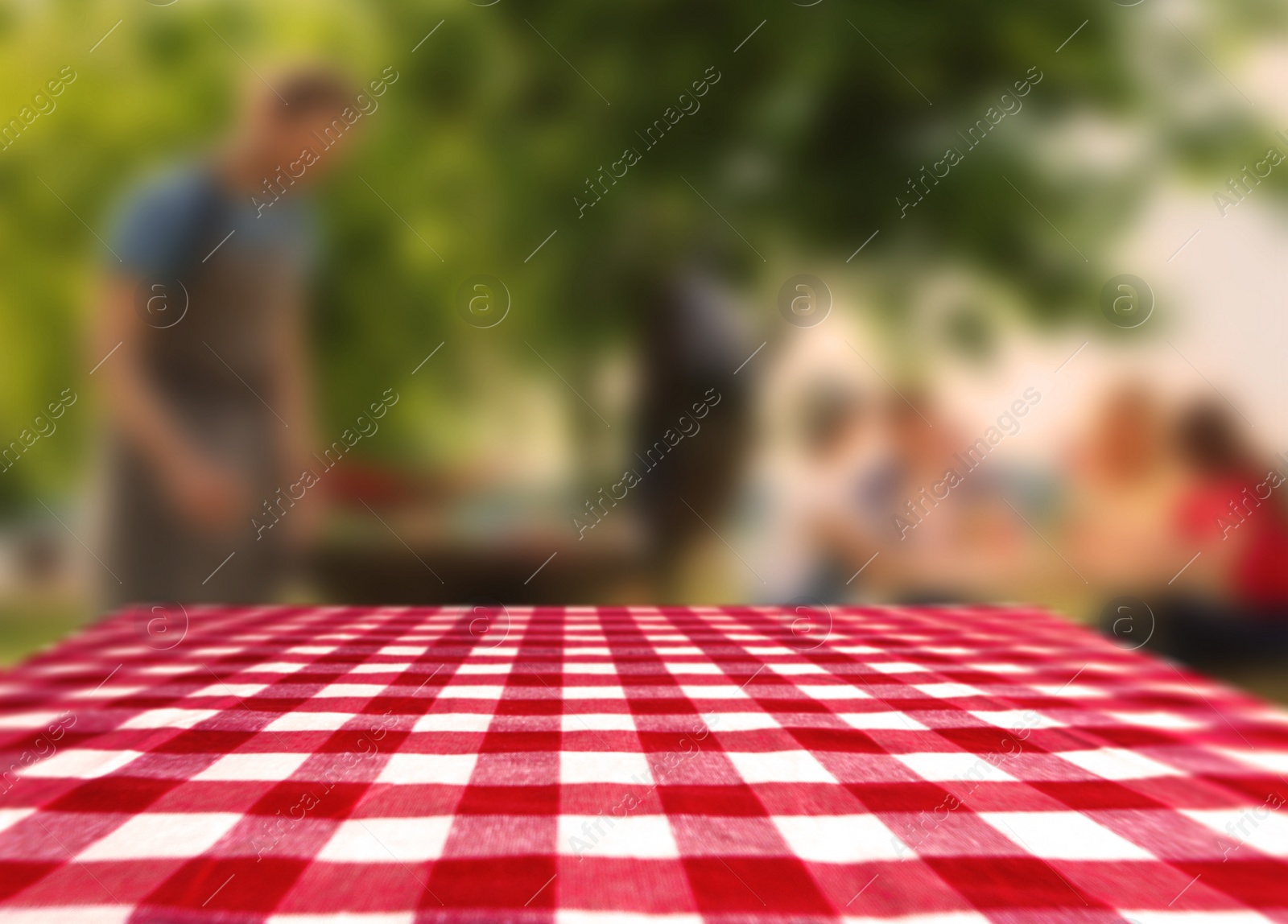 Image of Table with checkered picnic cloth outdoors on sunny day. Space for design