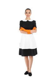 Photo of Full length portrait of young chambermaid in tidy uniform on white background