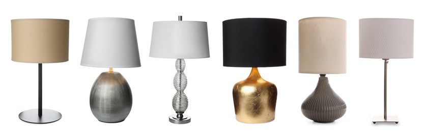 Image of Collage with different stylish night lamps on white background. Banner design