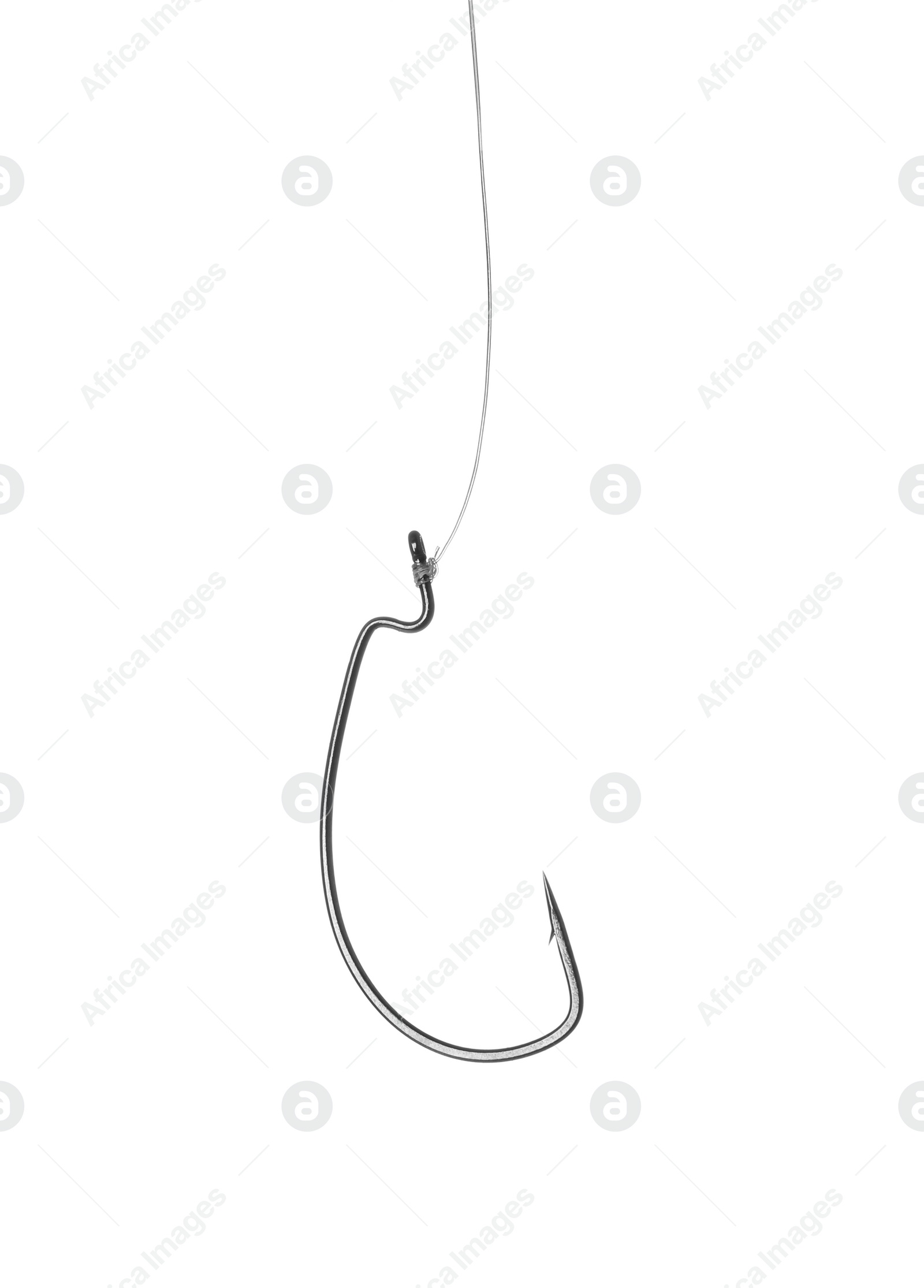 Photo of Metal hook on white background. Fishing accessory