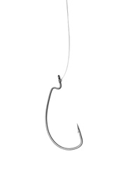 Photo of Metal hook on white background. Fishing accessory