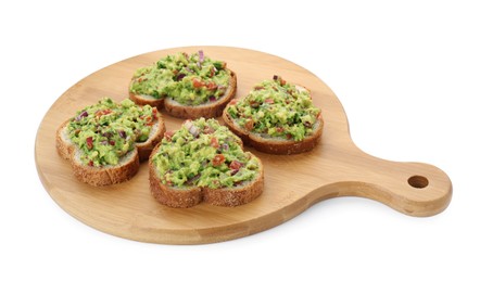 Photo of Slices of bread with tasty guacamole isolated on white