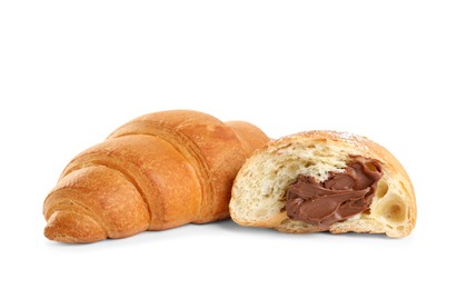 Photo of Tasty croissants with chocolate on white background