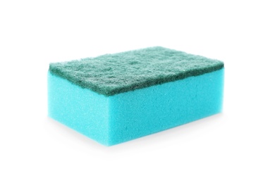 Photo of Cleaning sponge for dish washing on white background