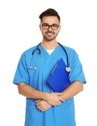 Photo of Portrait of medical doctor with clipboard and stethoscope isolated on white