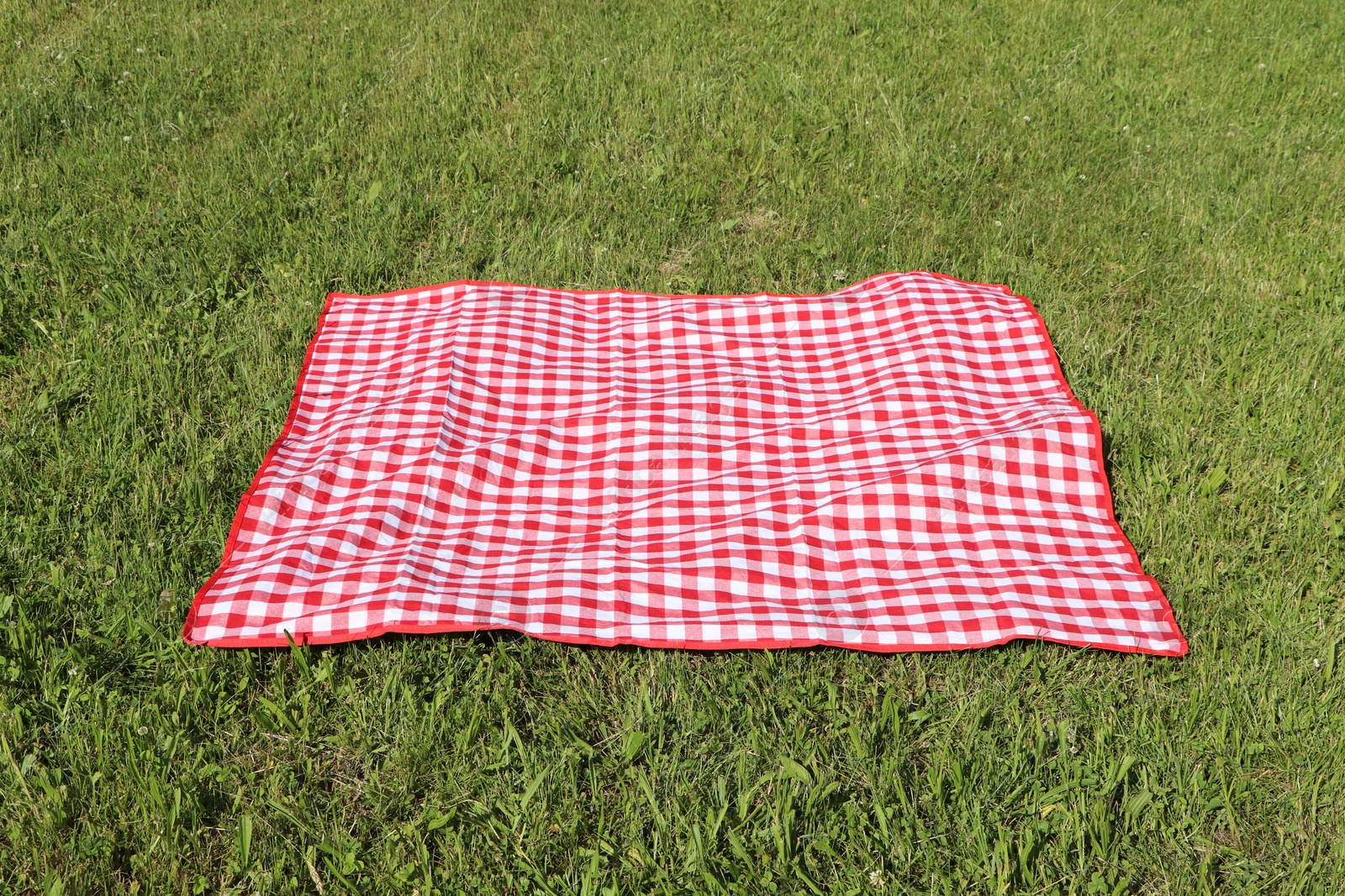 Photo of Checkered picnic tablecloth on fresh green grass outdoors