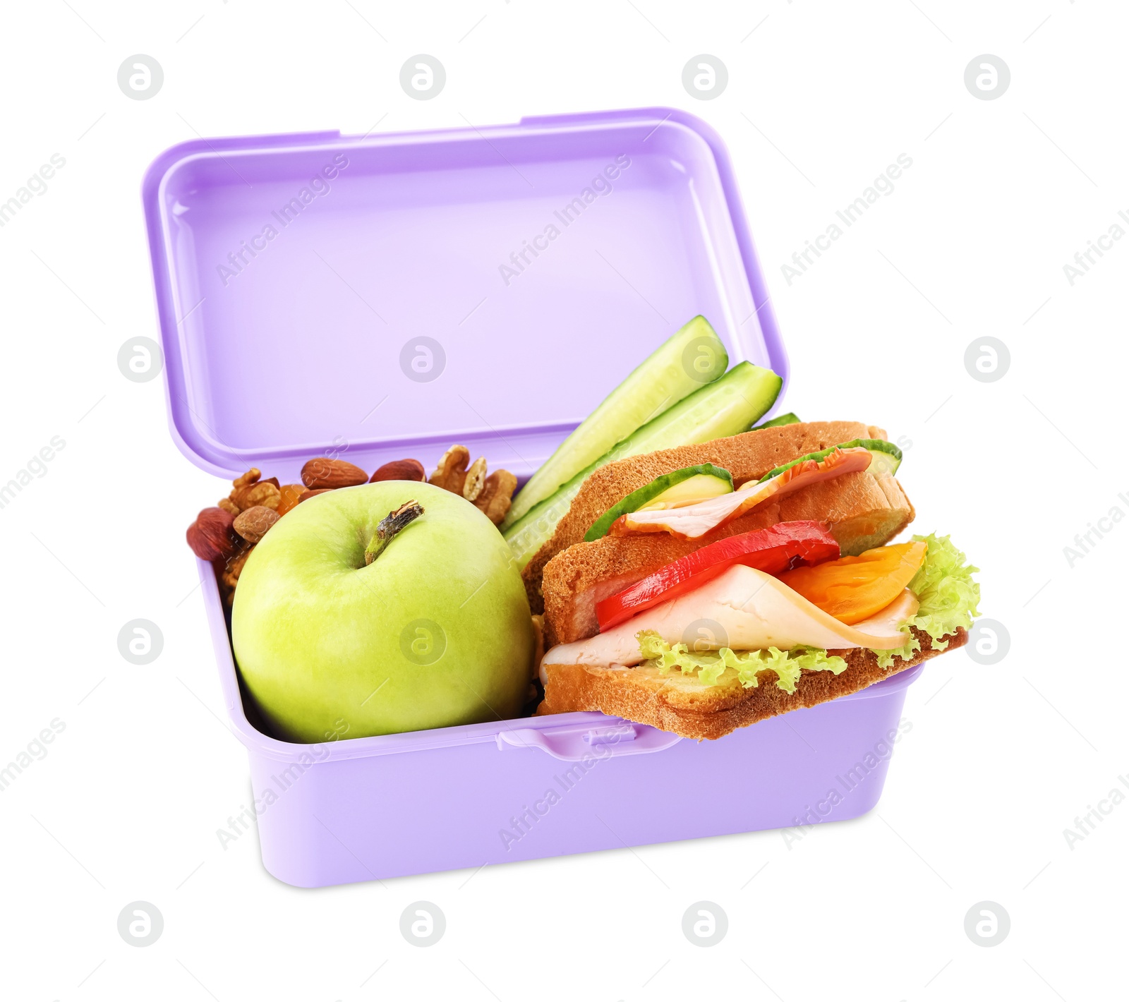 Photo of Lunch box of tasty healthy food isolated on white. School dinner