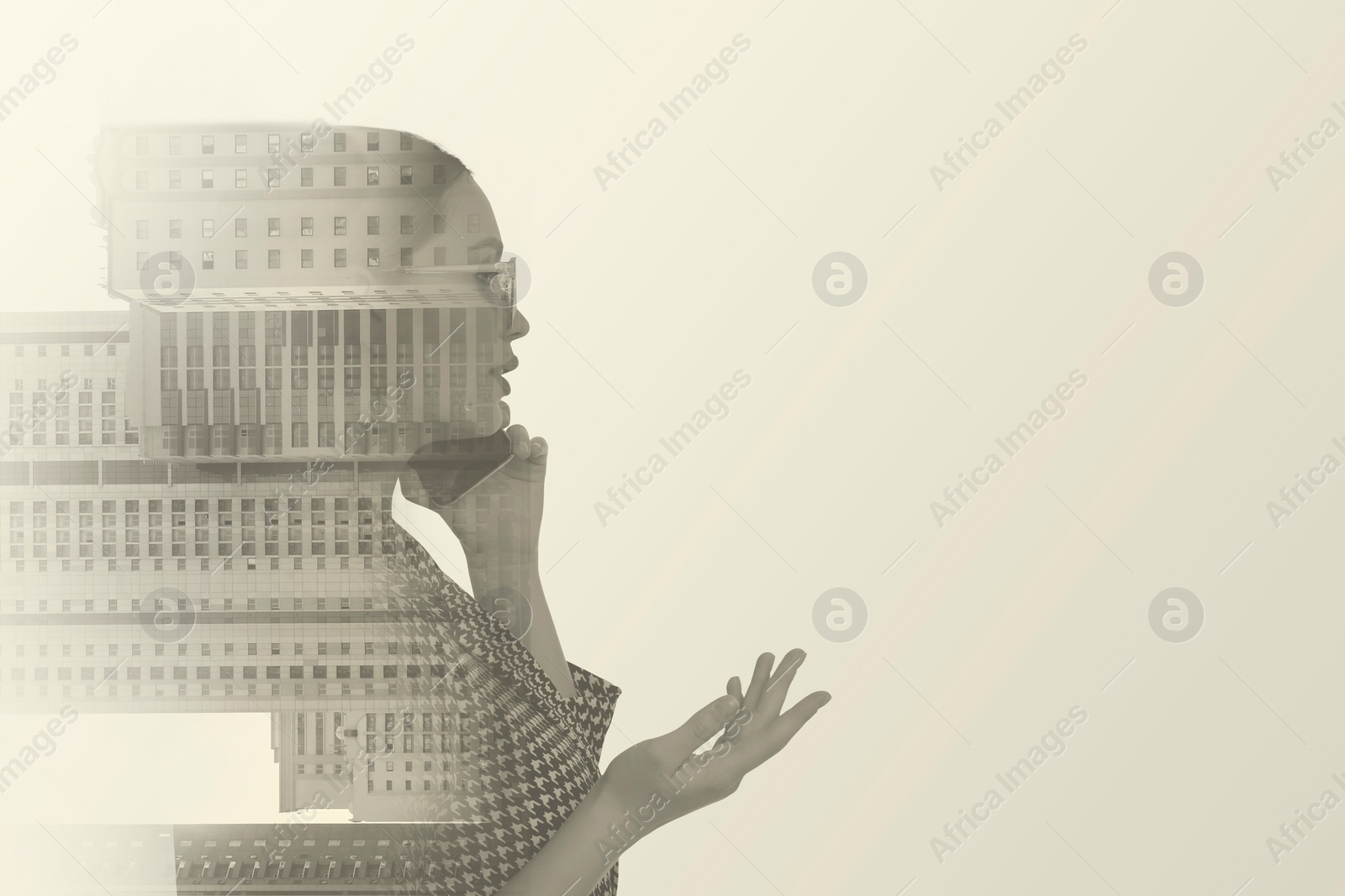 Image of Double exposure of businesswoman and cityscape with office buildings. Space for text