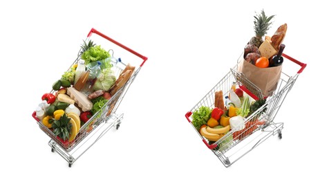 Image of Shopping carts full of groceries on white background, collage