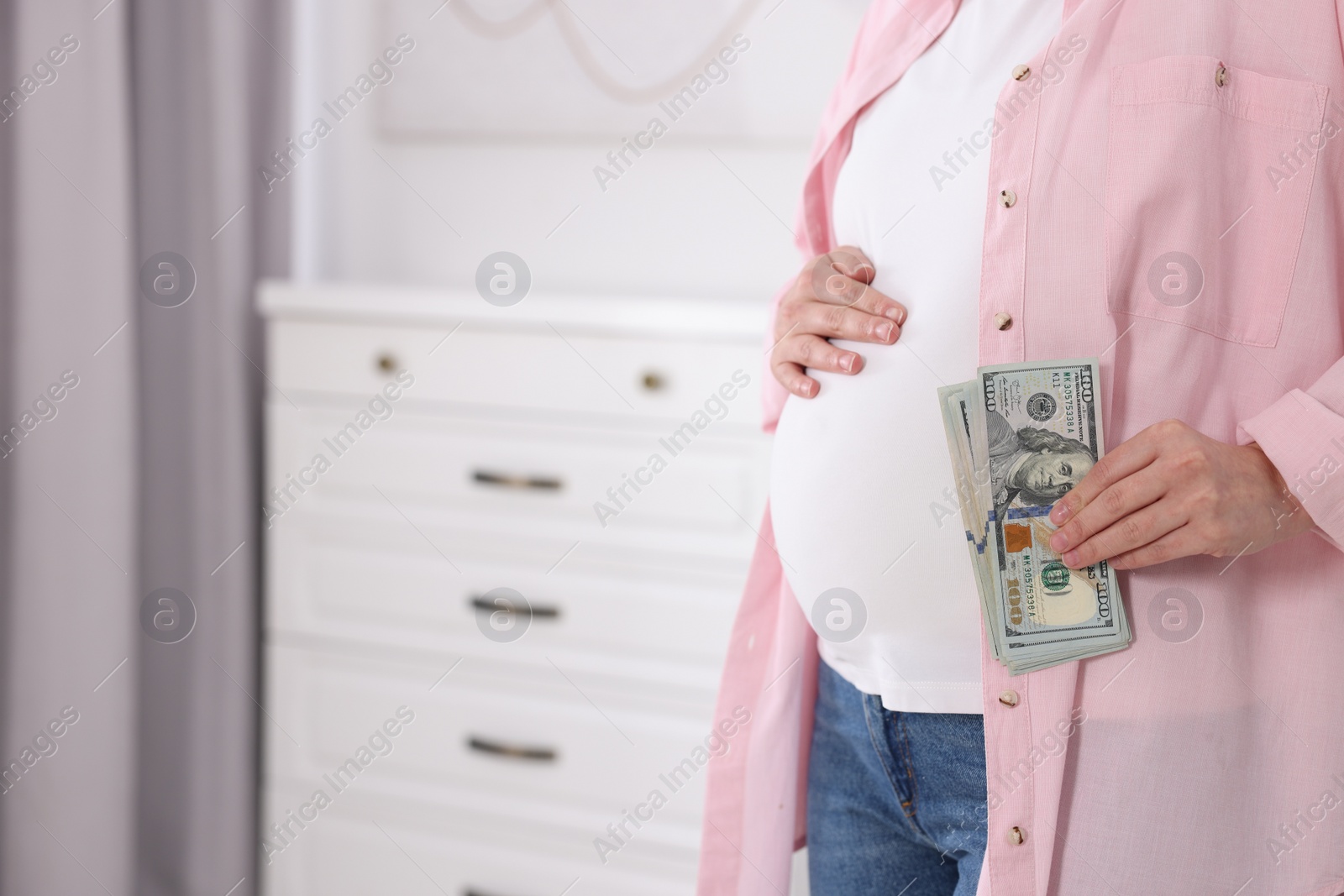 Photo of Surrogate mother. Pregnant woman with dollar banknotes indoors, closeup. Space for text