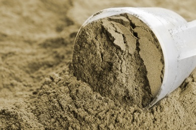 Photo of Hemp protein powder and measuring scoop, closeup