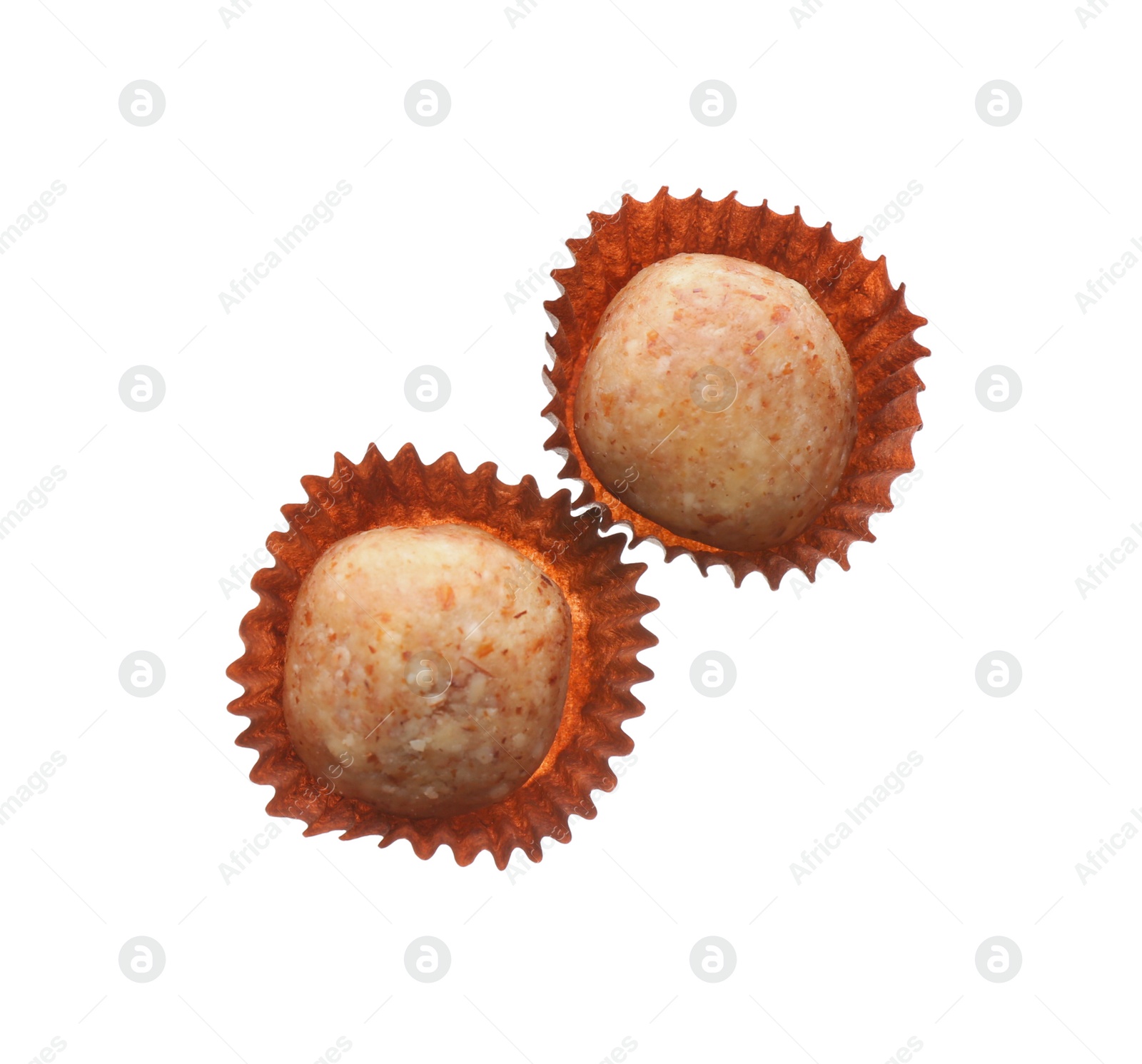 Photo of Delicious chocolate candies on white background, top view