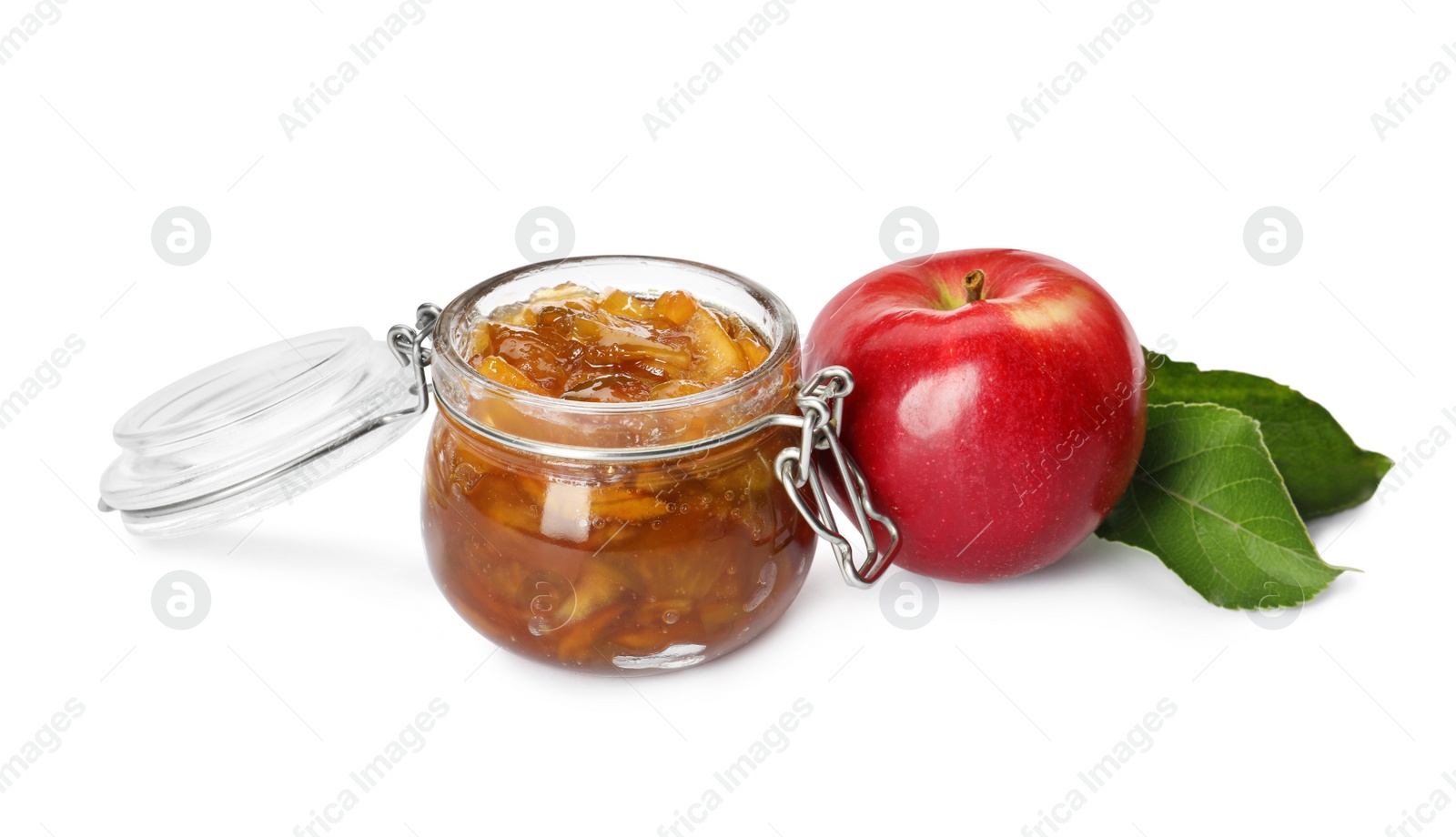 Photo of Tasty apple jam in glass jar and fresh fruit on white background