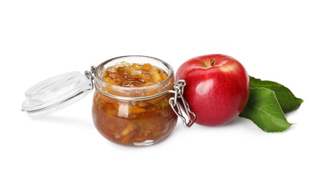 Photo of Tasty apple jam in glass jar and fresh fruit on white background