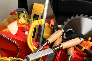 Closeup view of different modern carpenter's tools