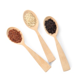 Spoons with different types of rice on white background, top view