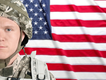 Image of Male soldier and American flag on background, space for text. Military service