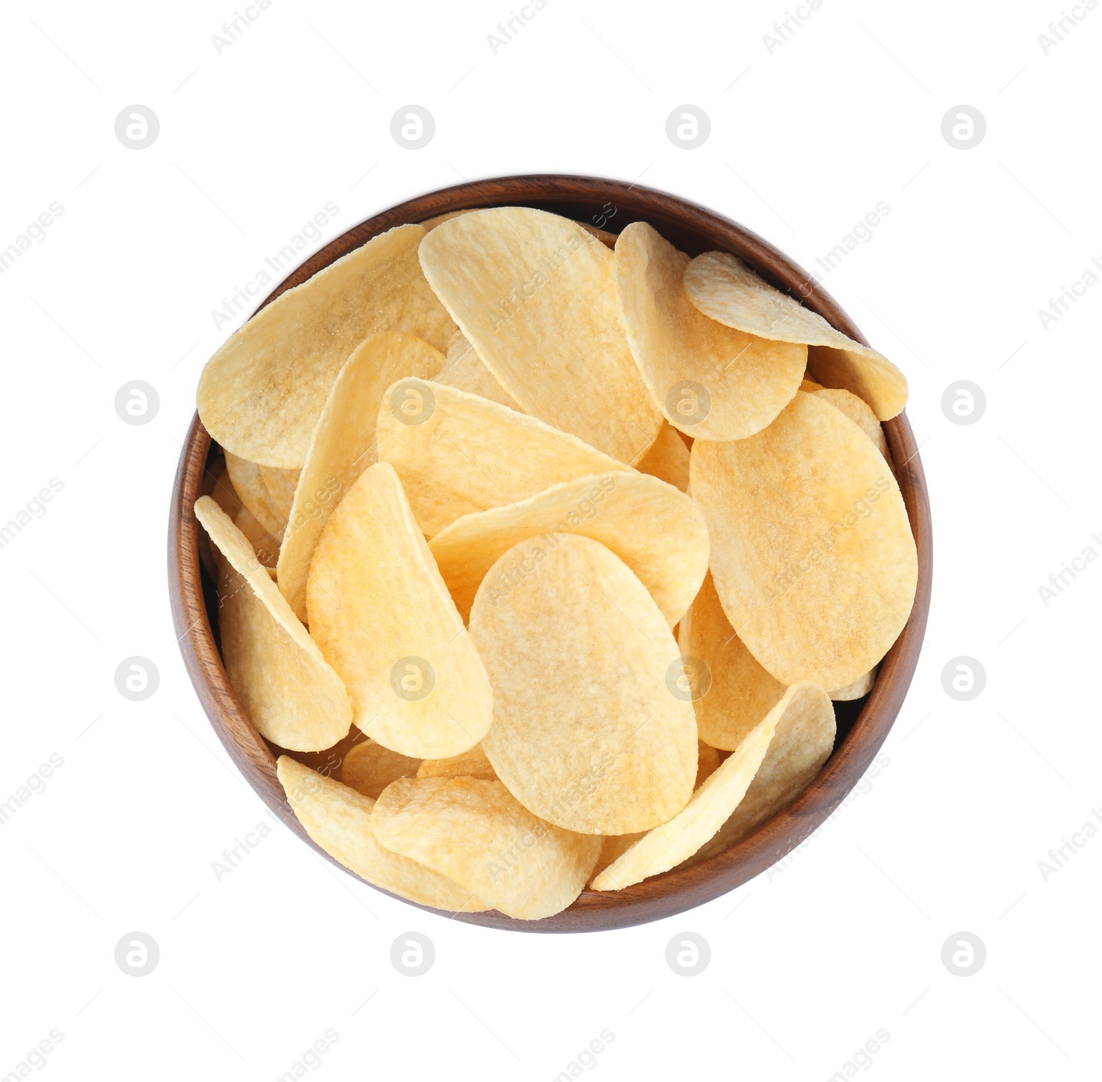Photo of Bowl of tasty potato chips on white background, top view