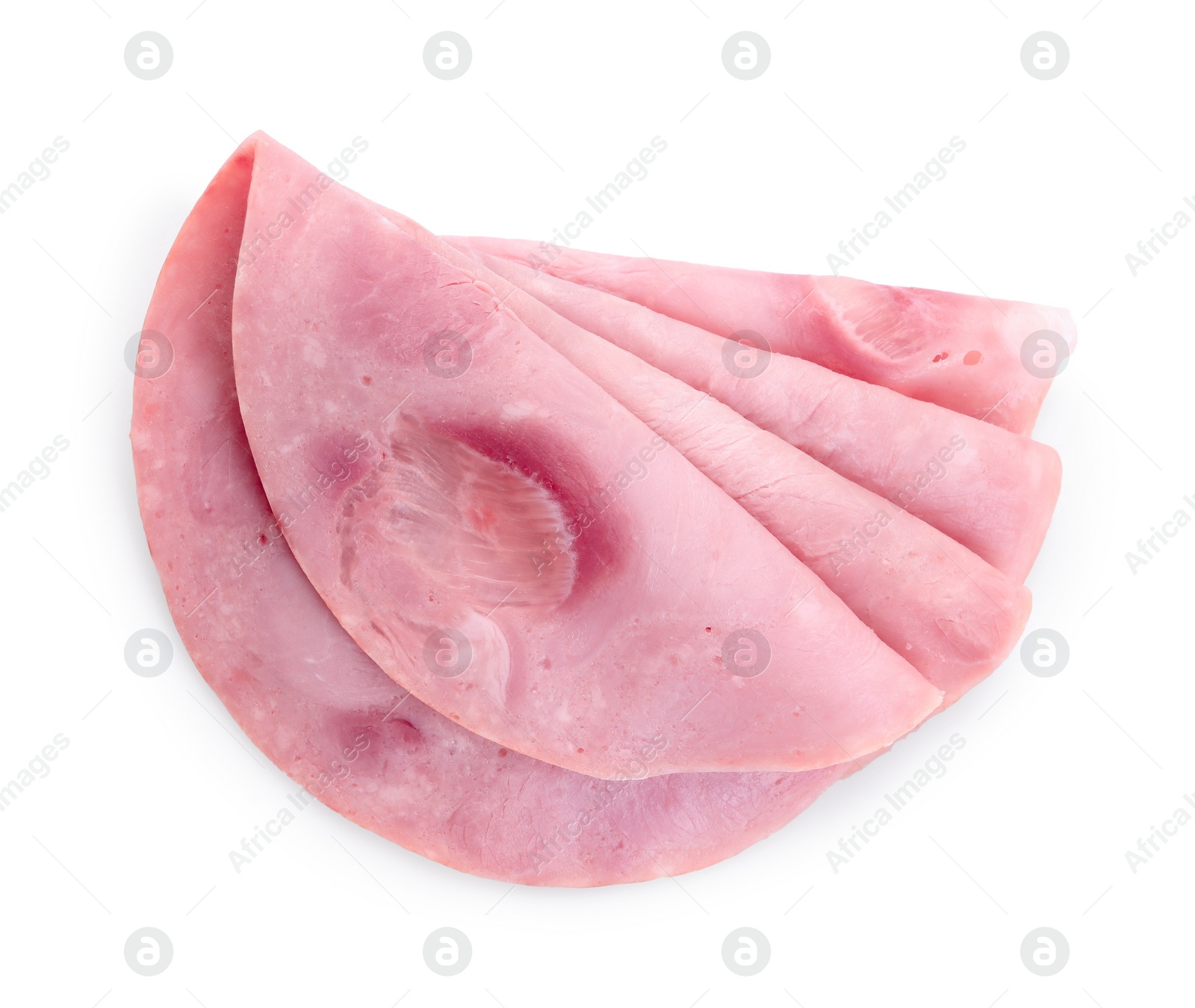 Photo of Slices of tasty ham isolated on white, top view