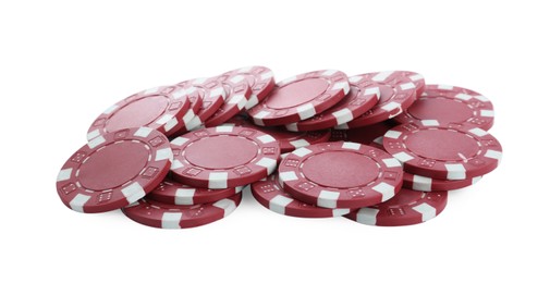 Photo of Pile of casino poker chips on white background