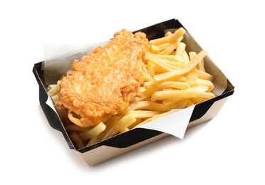 Photo of Disposable container with British Traditional Fish and potato chips on white background