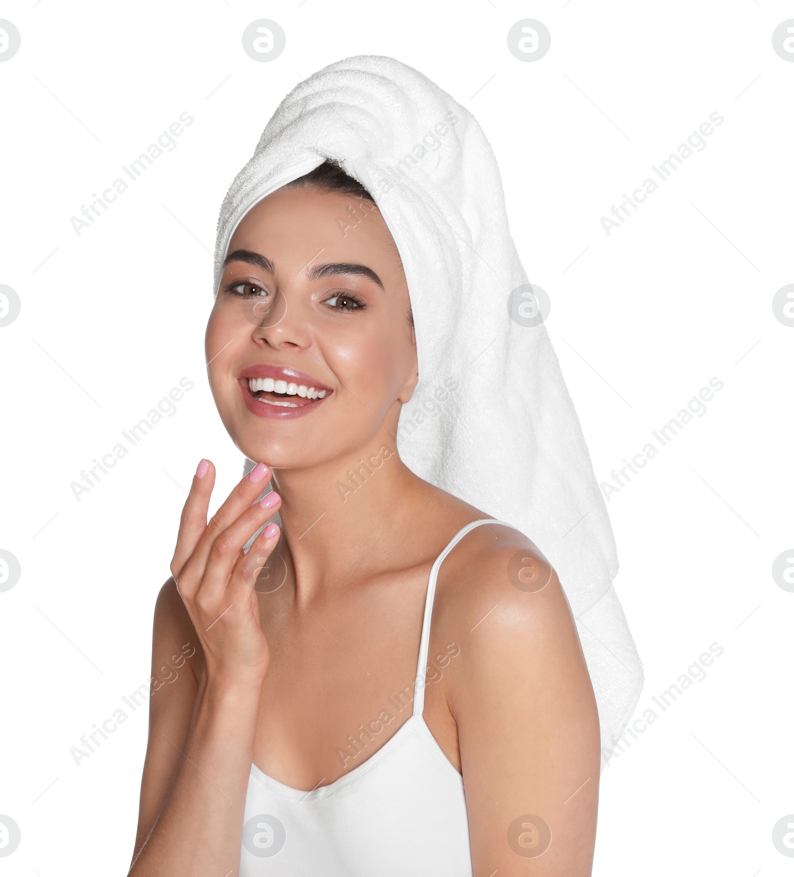 Photo of Beautiful young woman with towel on head against white background