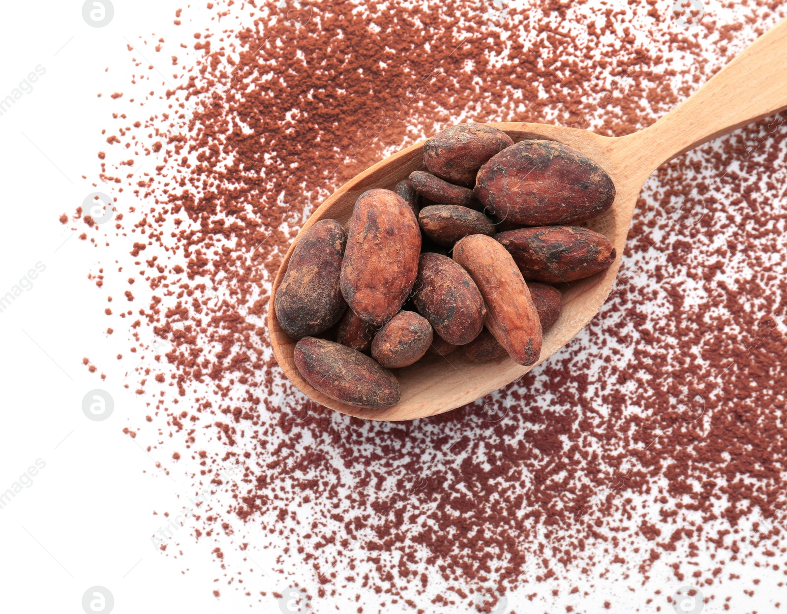 Photo of Spoon with cocoa beans on white background