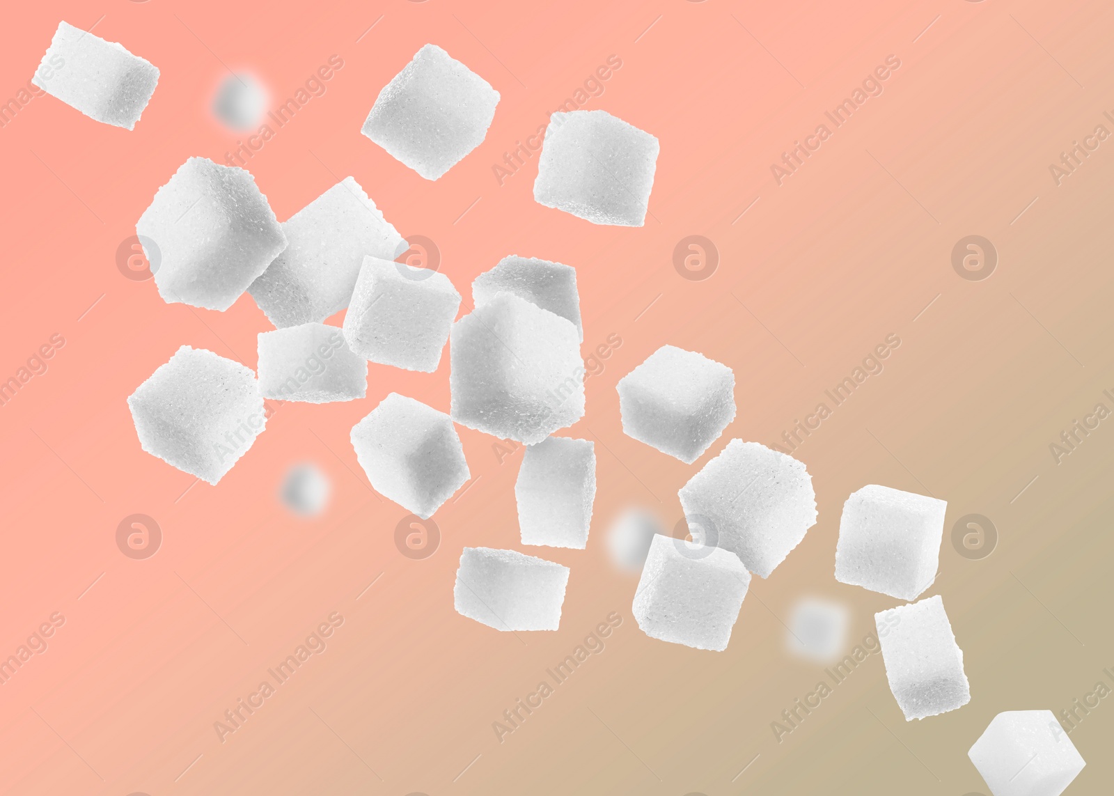 Image of Refined sugar cubes in air on color gradient background