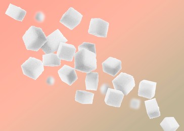 Refined sugar cubes in air on color gradient background