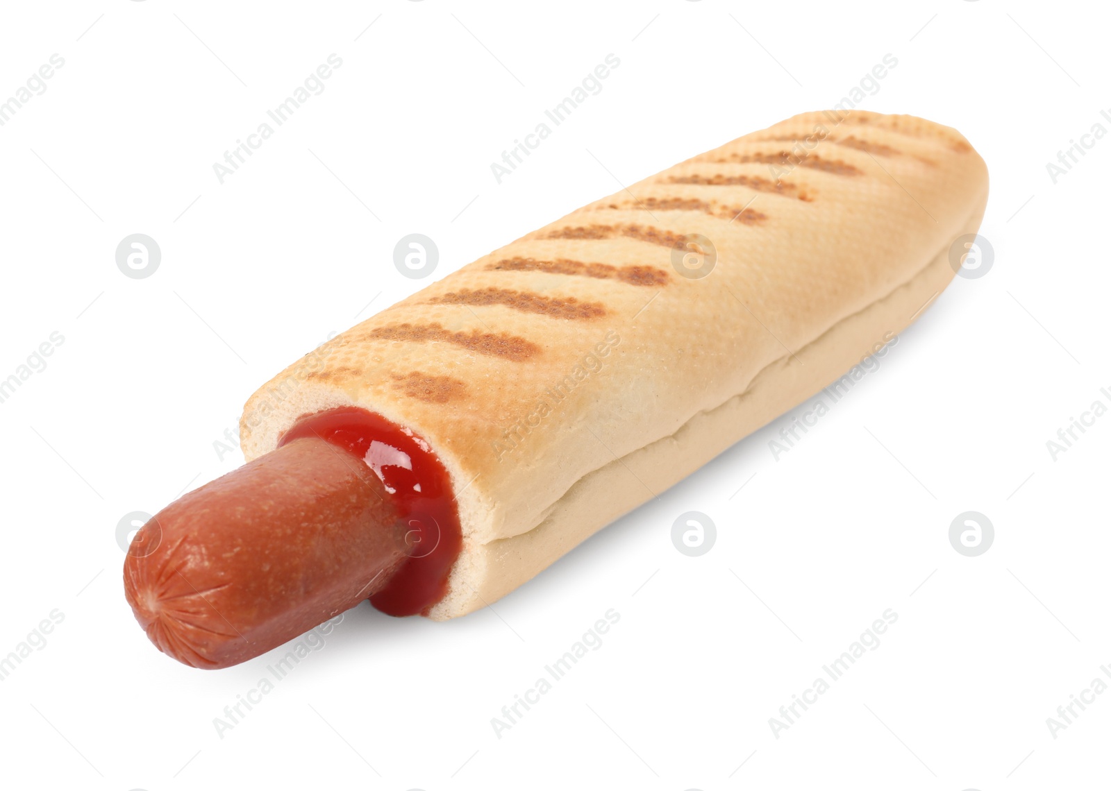 Photo of Tasty french hot dog with ketchup isolated on white