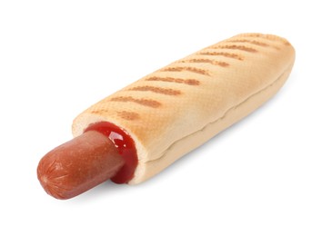 Tasty french hot dog with ketchup isolated on white