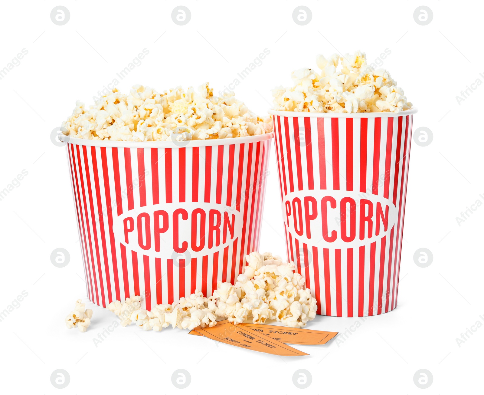 Photo of Buckets of fresh popcorn and tickets on white background. Cinema snack