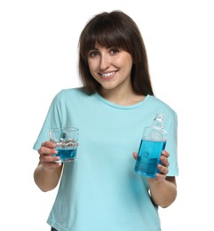 Photo of Young woman with mouthwash on white background