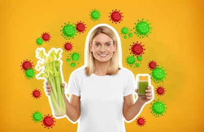 Image of Happy woman with immunity boosting cocktail on orange background. Protection against viruses
