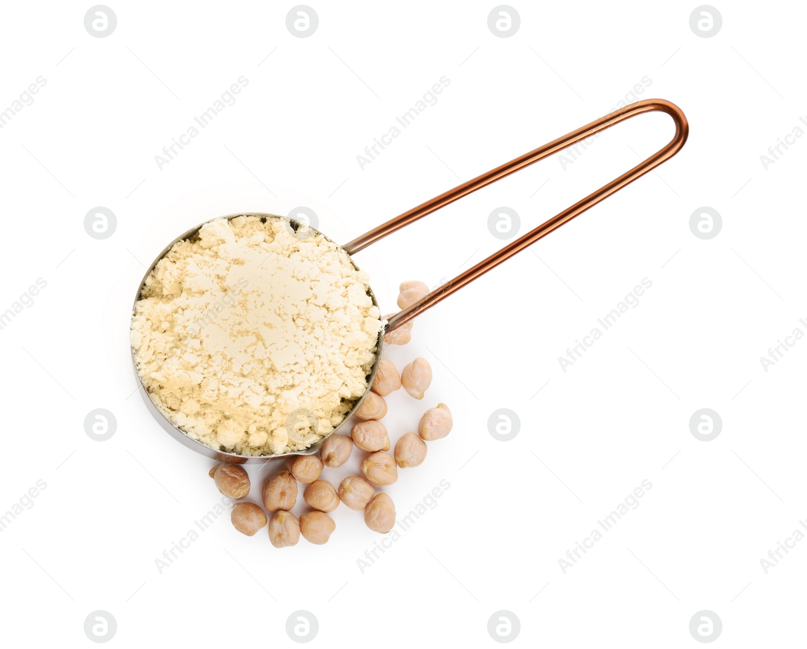 Photo of Chickpea flour in dish and seeds isolated on white, top view