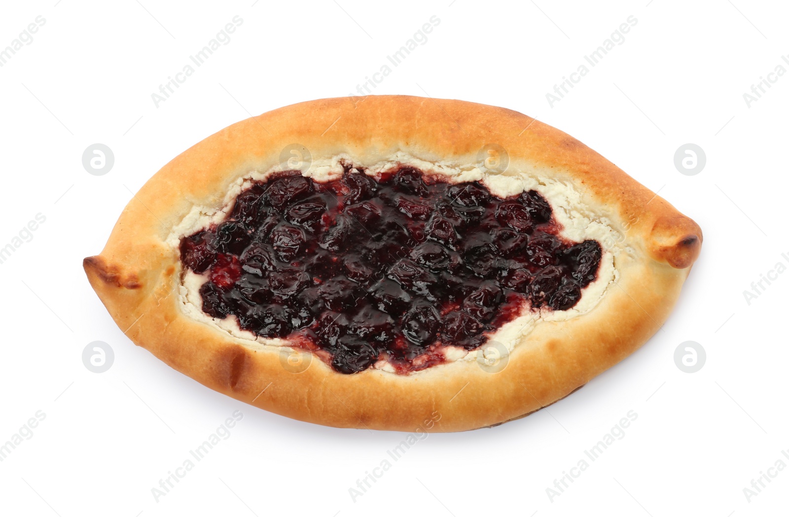 Photo of Delicious sweet cottage cheese pastry with cherry jam isolated on white, top view