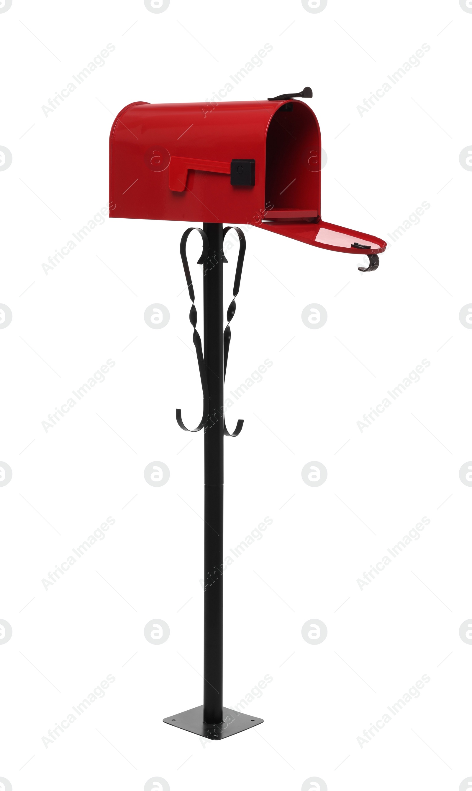 Photo of One open red mailbox isolated on white