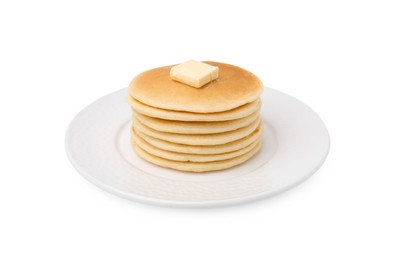 Photo of Delicious pancakes with butter isolated on white