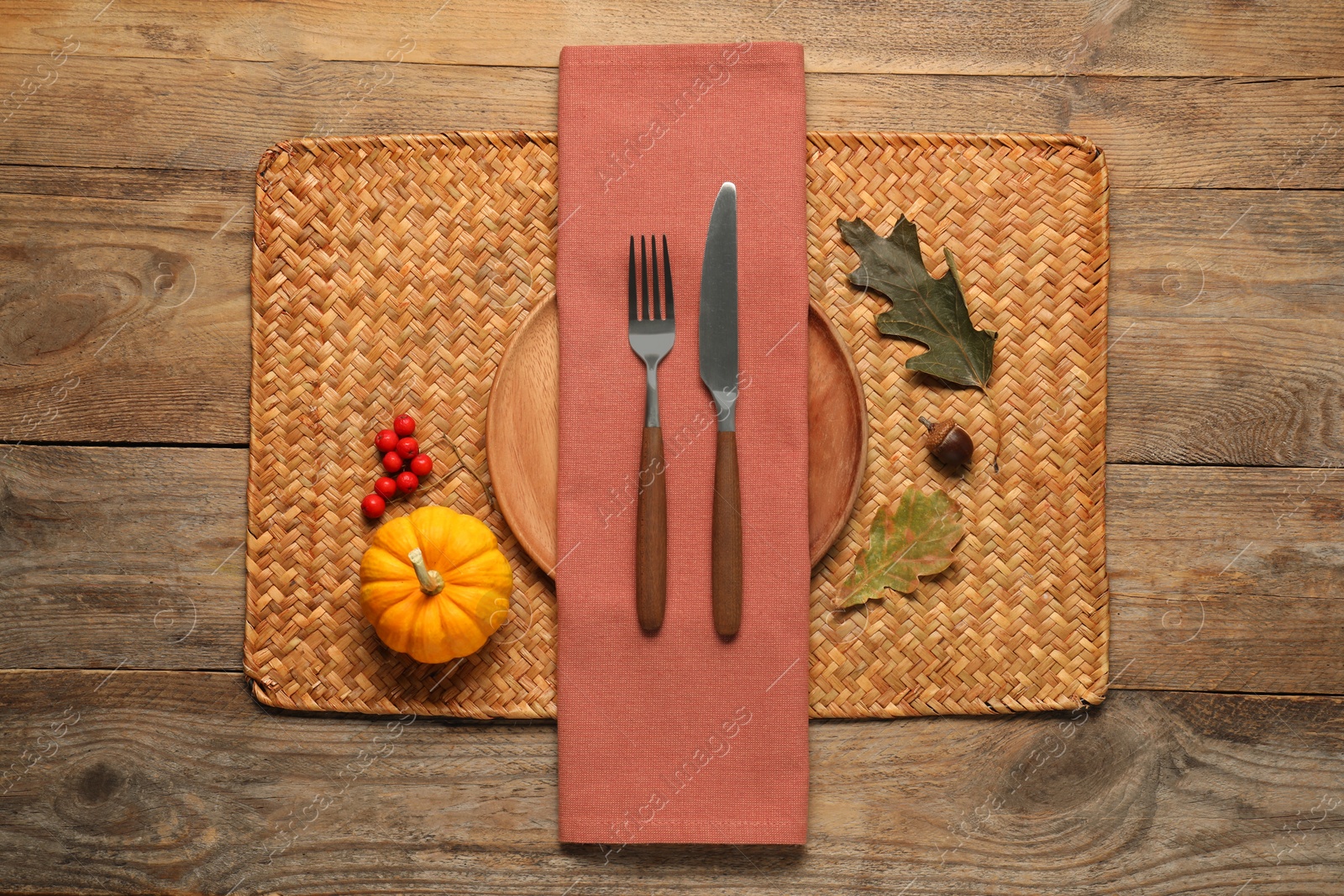 Photo of Autumn table setting, pumpkin and dry leaves, flat lay