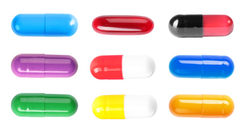 Image of Set with colorful pills on white background, top view. Banner design