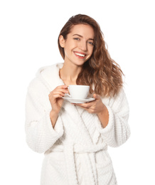 Photo of Beautiful woman with cup of coffee wearing bathrobe on white background