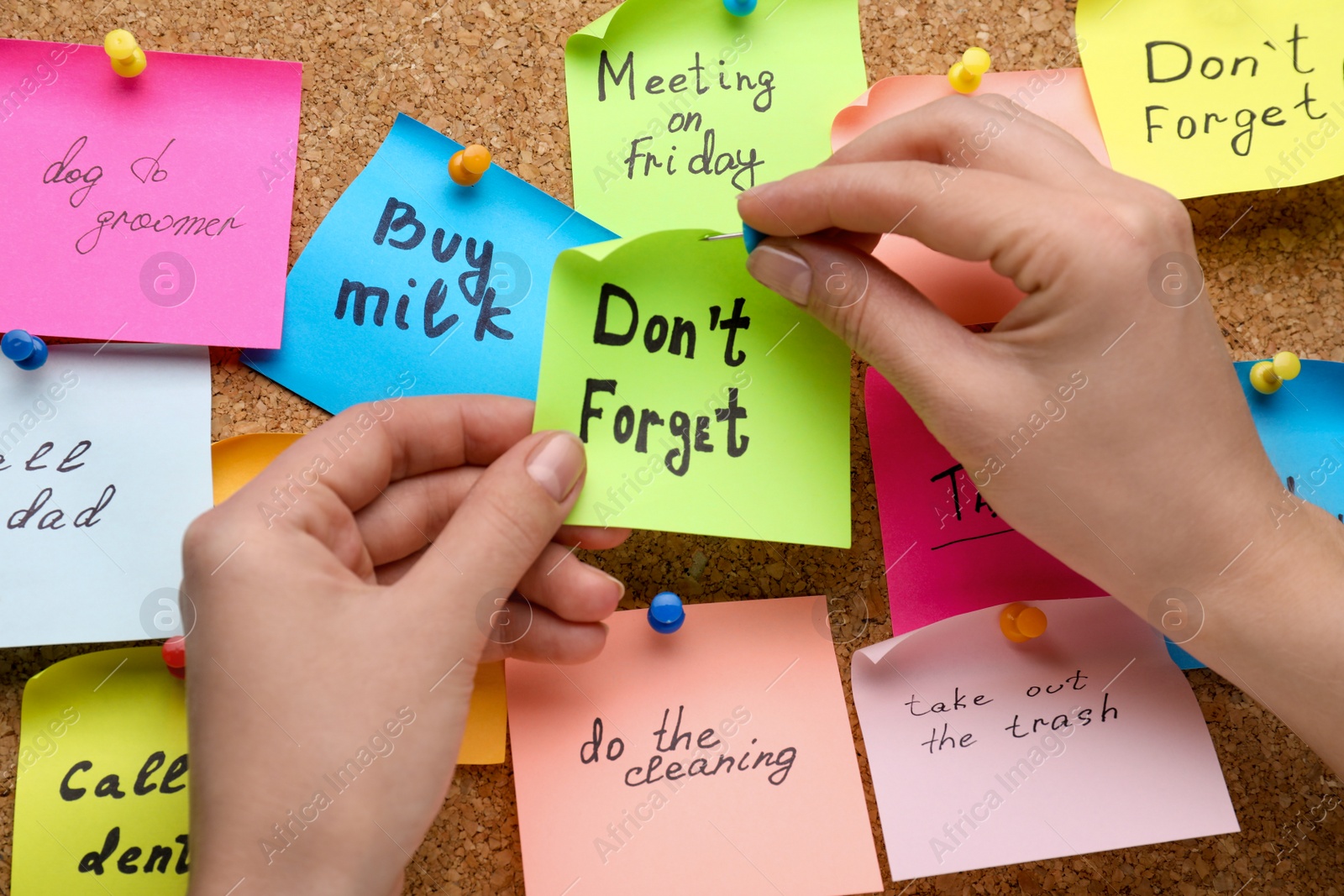 Photo of Woman pinning paper note with phrase Don't Forget to cork board, closeup