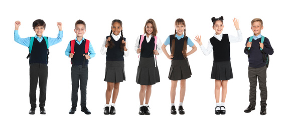 Children in school uniforms on white background. Banner design