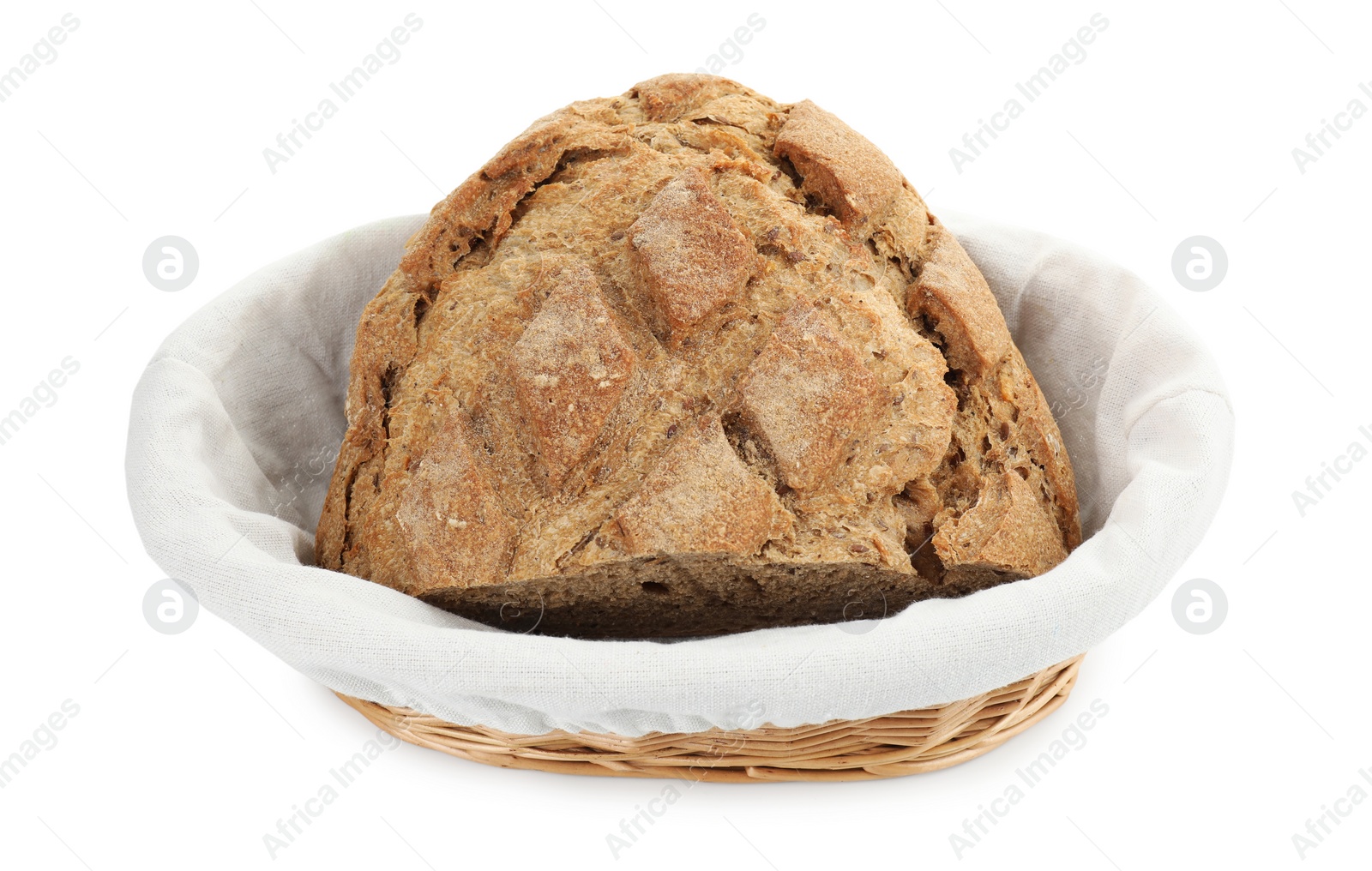 Photo of Wicker basket with fresh bread isolated on white