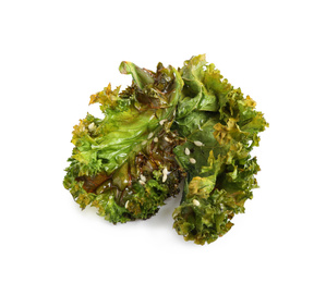 Tasty baked kale chips isolated on white, top view