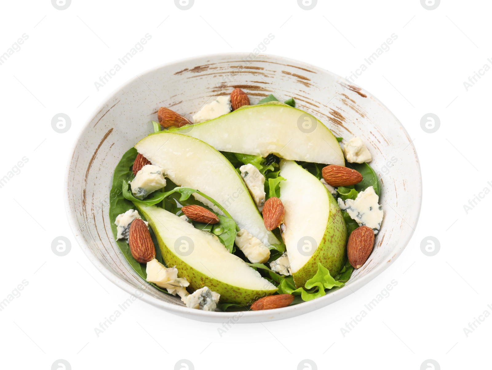 Photo of Delicious pear salad in bowl isolated on white