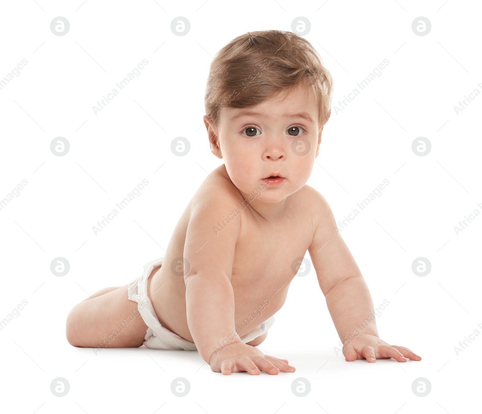 Photo of Cute little baby in diaper on white background