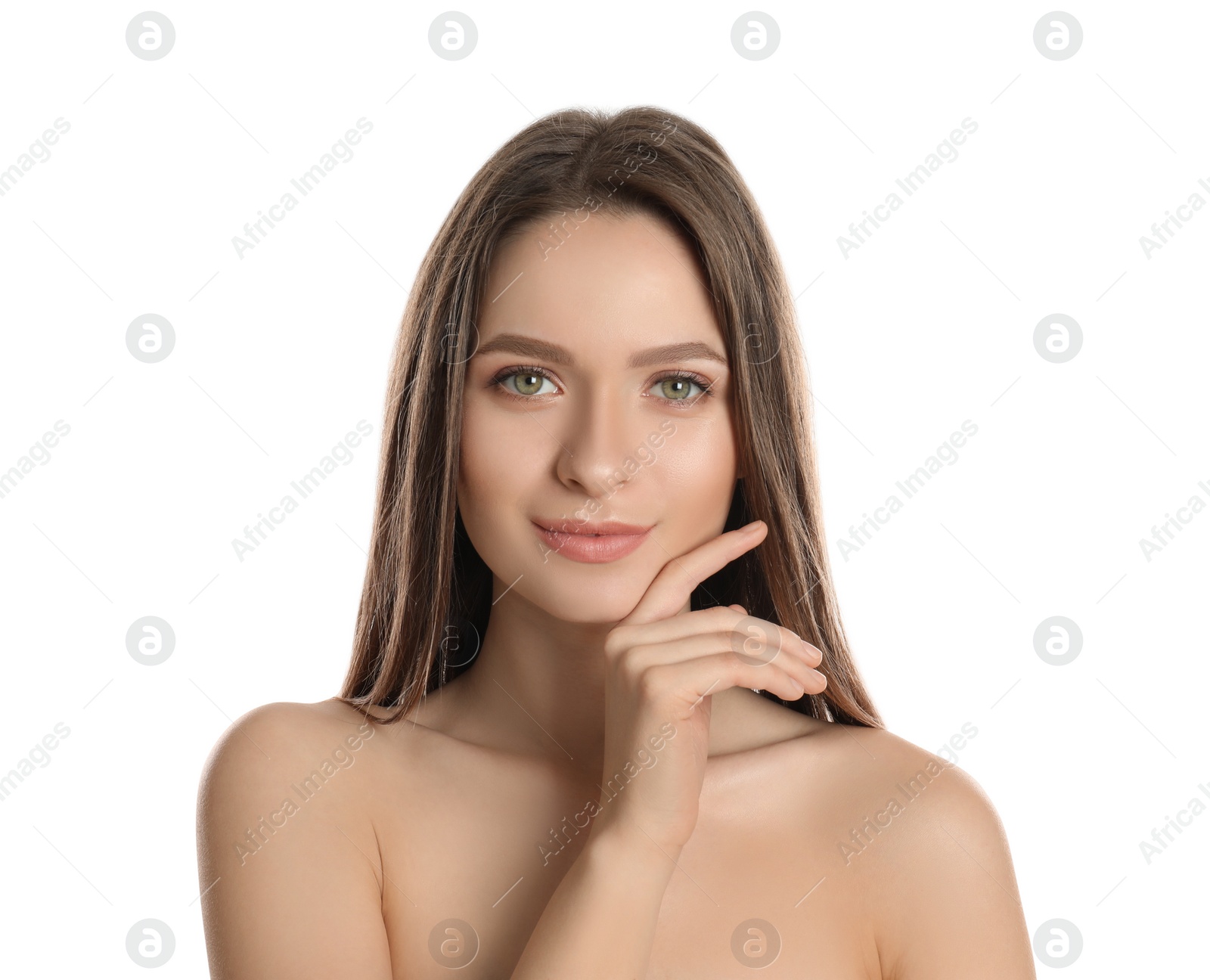 Photo of Portrait of young woman with beautiful face on white background