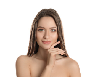 Portrait of young woman with beautiful face on white background